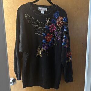 Vintage Elegant Black Sweater with Vibrant Floral Accents